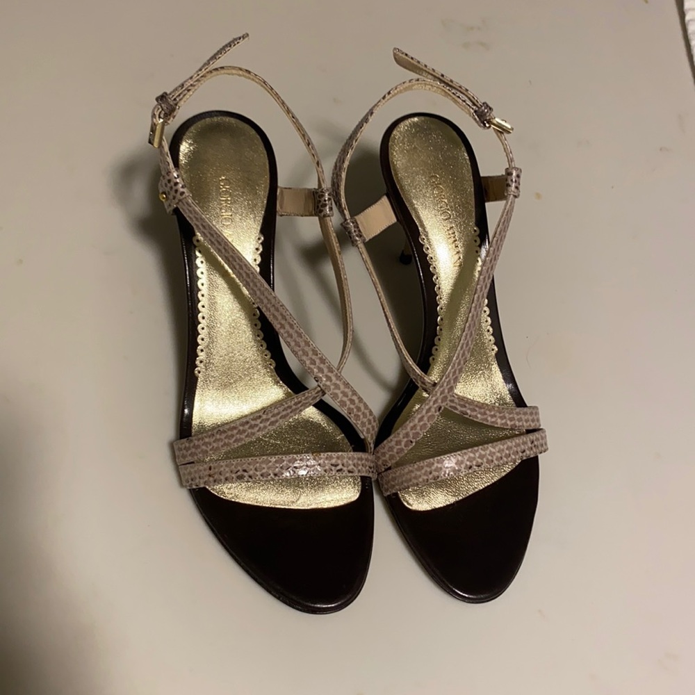 Giorgio Armani Brown and Gold Snake Print Strappy Heels